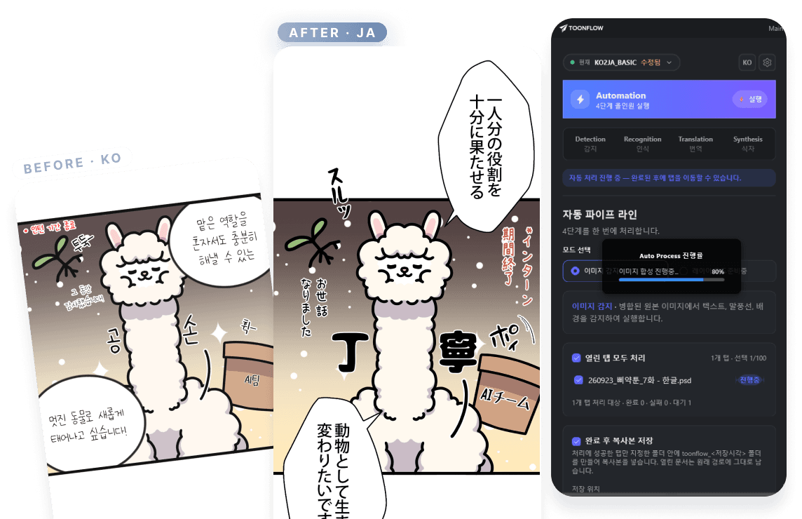 포토샵에서 웹툰 번역 전/후 비교와 Toonflow 플러그인 자동 처리 화면